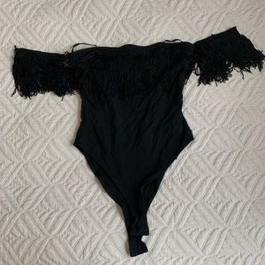 Black Fringe Off the Shoulder One Piece